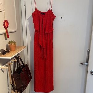 Olivaceous Red Maxi Slip Dress with Ruffle Front